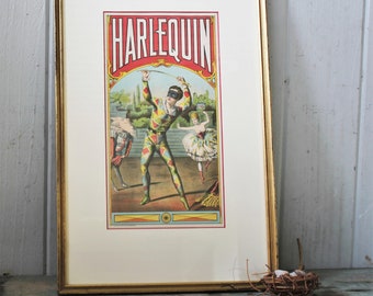 Antique Harlequin Tobacco Crate Label Chromolithograph in Gold Frame