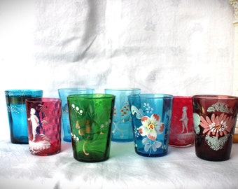 8 Antique Victorian Hand Painted Glass Tumblers Jewel Tone Mismatch