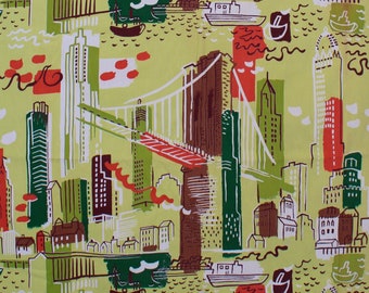 Vintage Bark Cloth Style Curtain Panel with with Brooklyn Bridge Cityscape Scene 70" X 48"