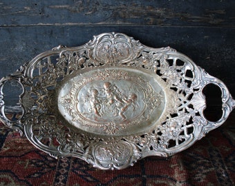 Antique E G Webster & Son Repousse SilverPlate Bread Tray Basket with Cherubs and Flowers