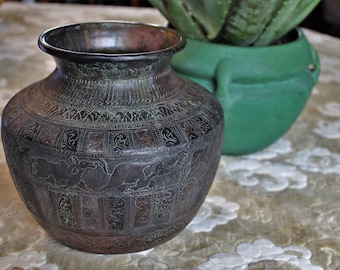 Antique Brass Water Pot Hindu Indian Lota Heavily Engraved with Elephants, Horses, and more
