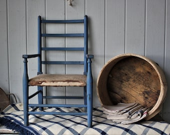 Antique Children's Ladder Back Arm Chair in Old Chalky Blue Paint