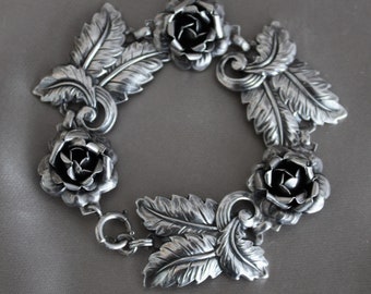 Vintage Sterling Zilveren Armband met Rozen en Bladeren met Bijpassende Oorbellen