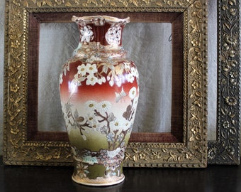 Antique 19th c. Hand Painted Satsuma Porcelain Vase With Dodwood Trees Flowers and Butterflies
