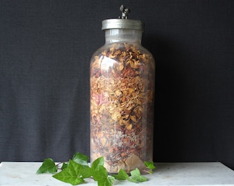 Huge Antique Apothecary Terrarium Glass Jar Full of Layers Rose Petals With a Figural Pewter lid 17" high