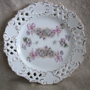 11 Antique Porcelain Reticulated Lace Edge Salad/Dessert Plates with Violets