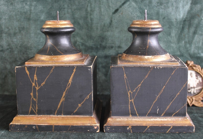 Pair Antique Marbleized Wood Pedestals Prickets Display Bases image 4