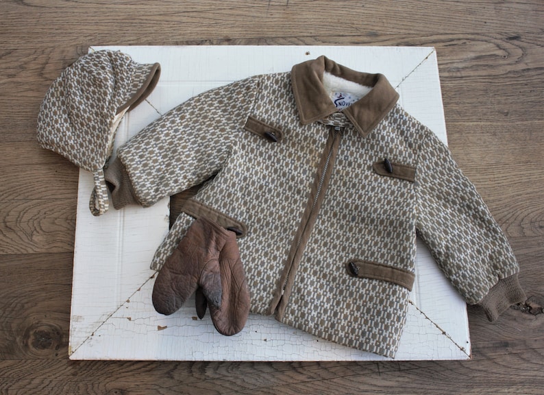 Sweet 1950s Vintage Snoveralls Kute Kiddies Child/'s Coat Hat and Leather Mittens