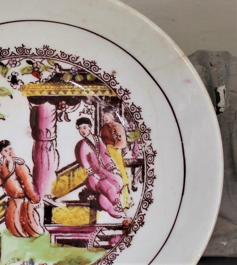 Antique Hand Painted Porcelain Soft Paste Pottery Cup /& Saucer Asian Scene
