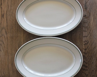 Pair of Vintage Farmhouse Heavy Ironstone Platters with Green Stripe