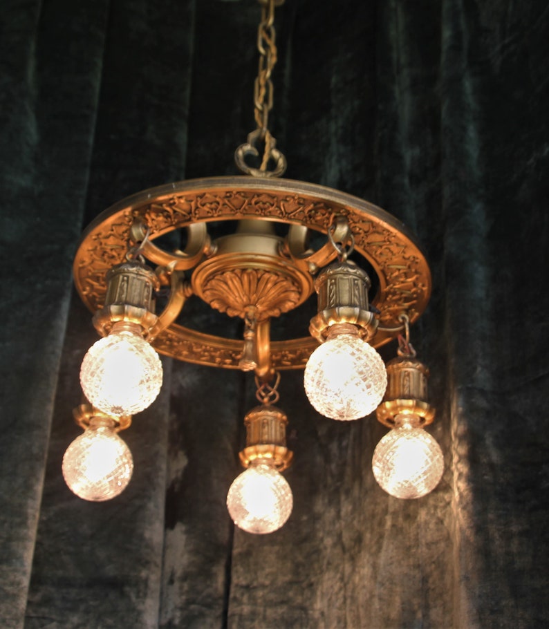 Antique Edwardian Heavy Brass 5 Light Hanging Lamp Chandelier
