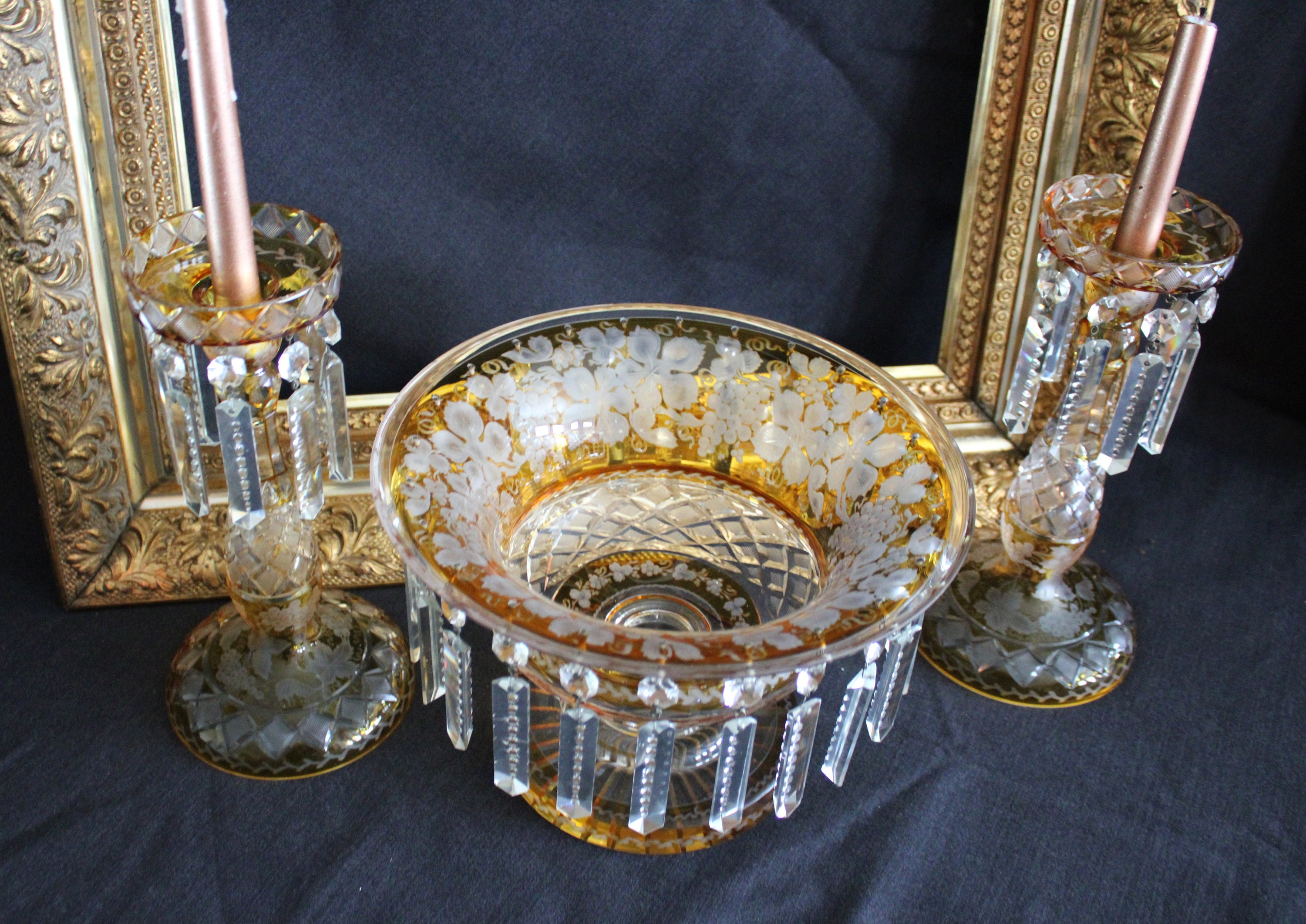 Antique Bohemian Amber Cut Glass Console Set With Crystal Prisms