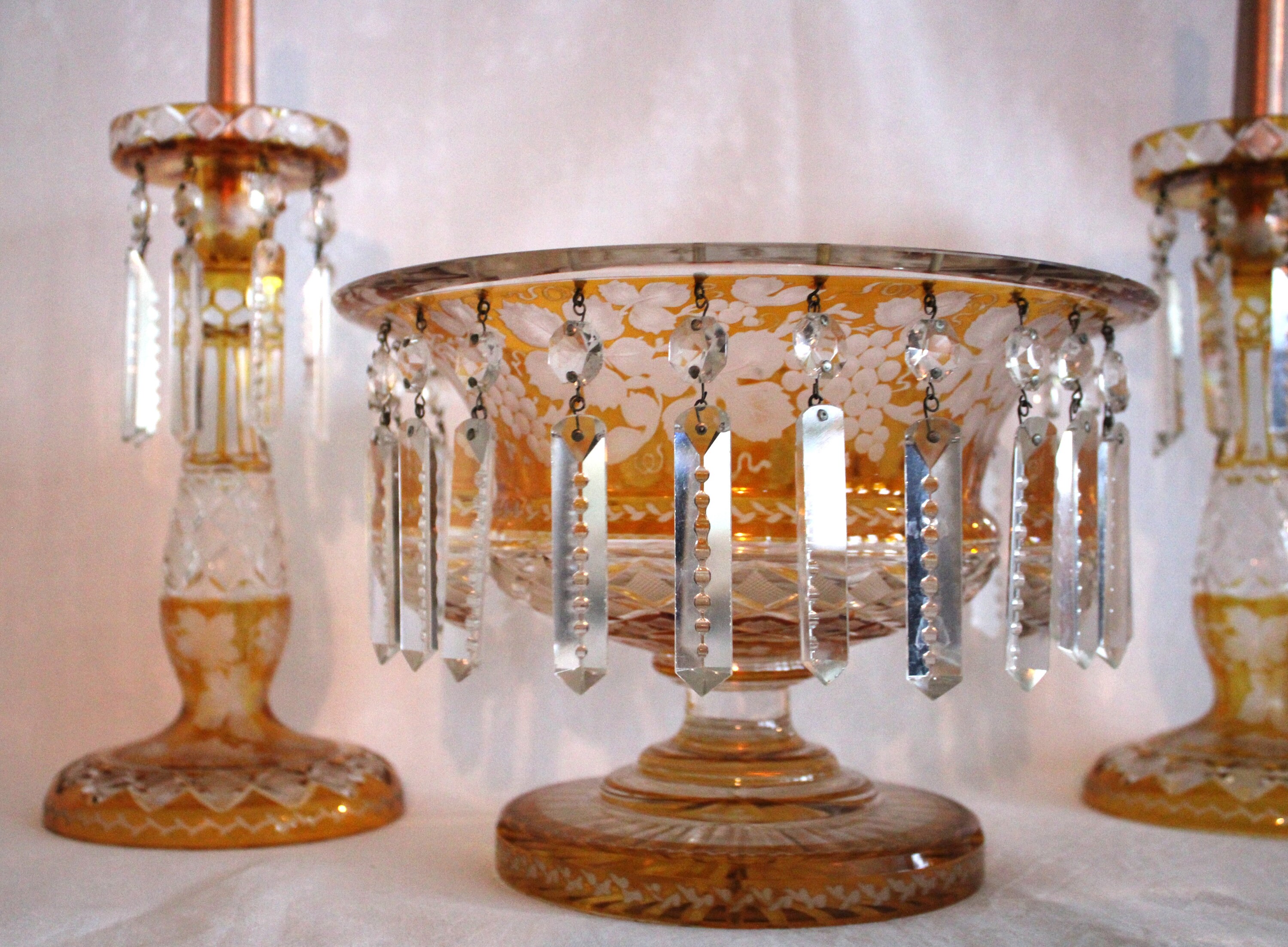 Antique Stunning Bohemian Amber Intaglio Cut to Clear Glass