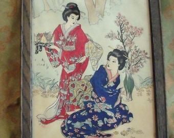 Vintage Watercolor Painting Geisha Ladies in the Garden