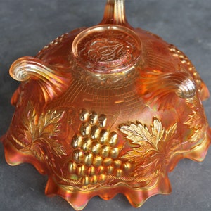 Antique Marigold Carnival Persian Medallion Grape & Cable Fenton Footed Fruit Center Bowl 10 image 6