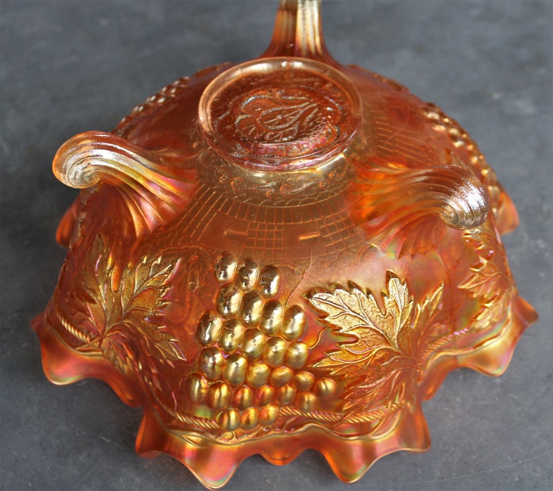 Antique Marigold Carnival Persian Medallion Grape & Cable Fenton Footed Fruit Center Bowl 10 image 6