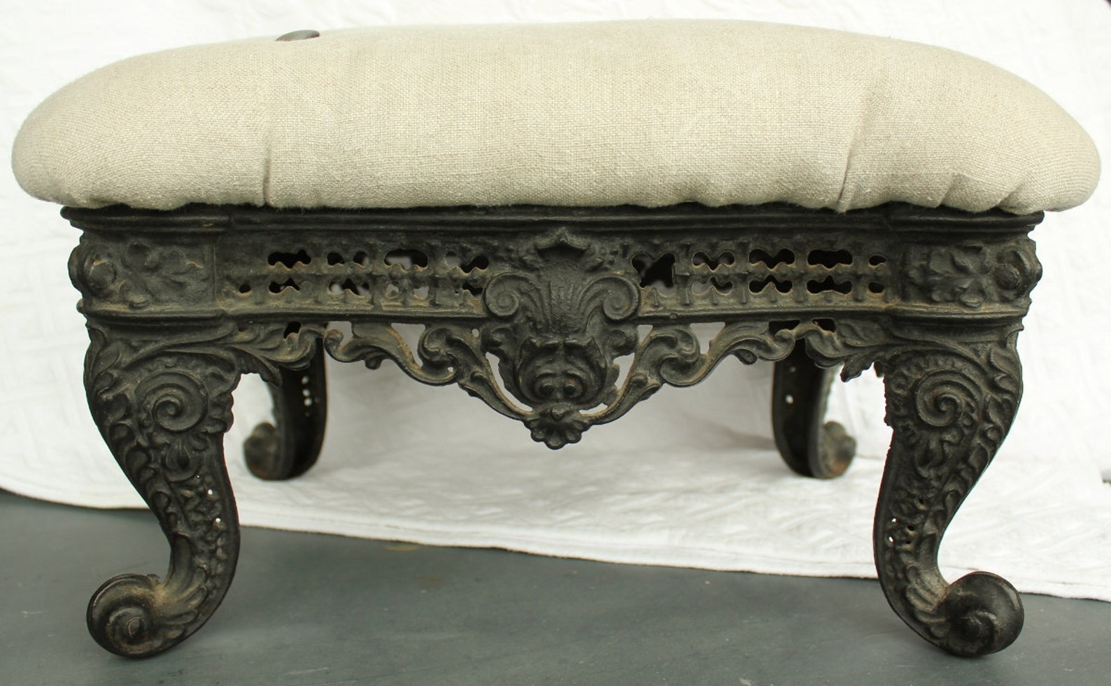 Antique Victorian Cast Iron Foot Stool with Linen Upholstery Etsy