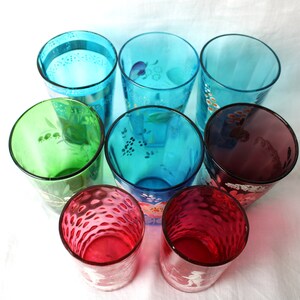 8 Antique Victorian Hand Painted Glass Tumblers Jewel Tone Mismatch image 2