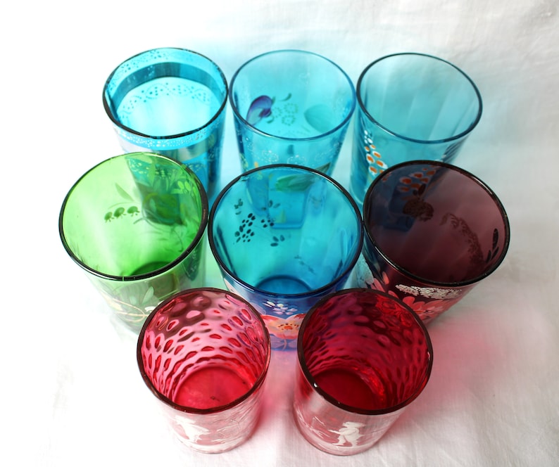 8 Antique Victorian Hand Painted Glass Tumblers Jewel Tone Mismatch image 2