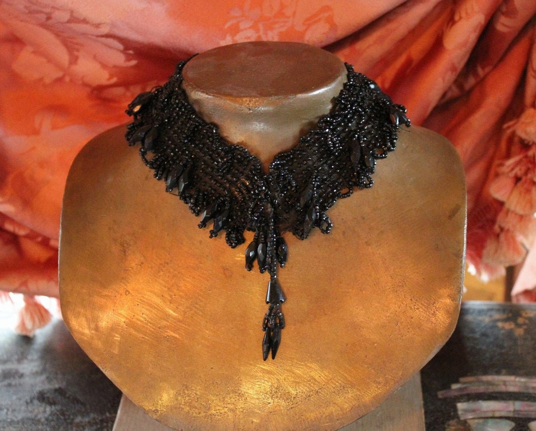 Antique Victorian Black Glass Bead Lace Trim Adornments Etsy