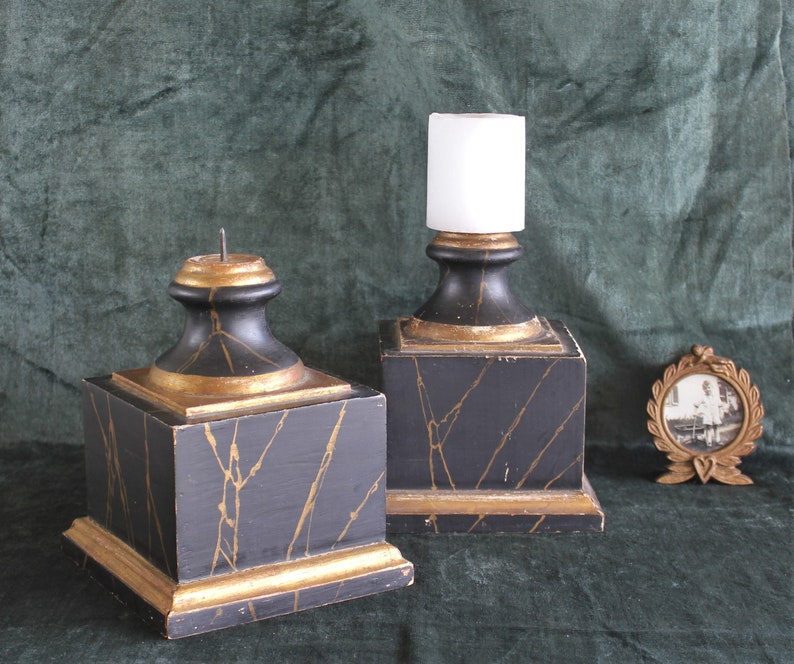 Pair Antique Marbleized Wood Pedestals Prickets Display Bases image 2