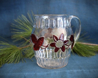 Antique Victorian Hand Blown Ruby Stained Flower and Pleat Clematis Pitcher EAPG