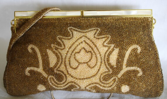 Vintage Gold and White Beaded Purse Clutch with M… - image 2