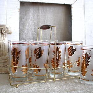 Set of 8 Mid Century Frosted Gold Leaf Highball Tumblers Glasses in Caddy