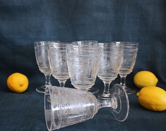Set of 7 Antique EAPG Glass Willow Oak Wreath Stemmed Wine Cocktail Water Early American Pattern Glass