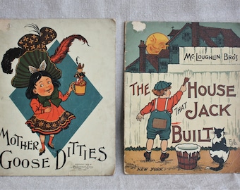 2 Antique McLoughlin Picture Books Mother Goose and the House That Jack Built