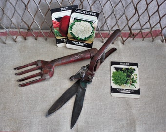 Antique Garden Tools Grass Shears Clippers and Fork Cultivator