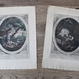 2 Antique Hand Colored Engravings Romantic Scenes after François Boucher Rare