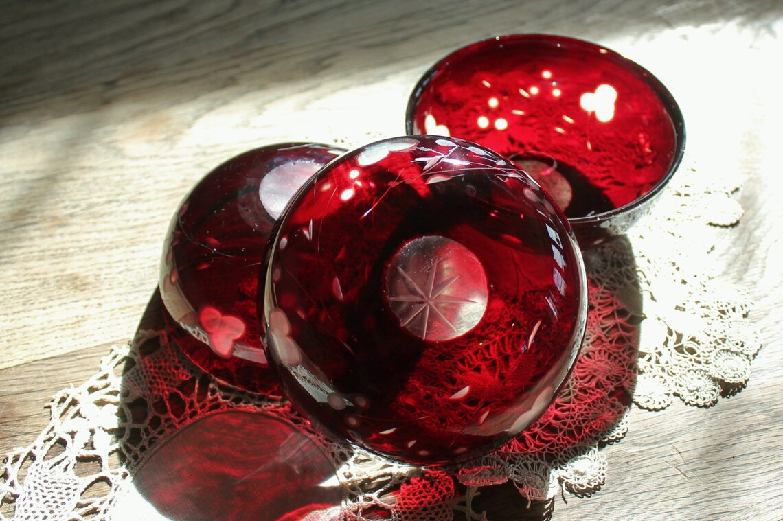 3 Beautiful Antique Ruby Bohemian Glass Cut to Clear Bowls | Etsy
