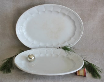 2 Antique Heavy Farmhouse White English Ironstone Platters Wheat Pattern