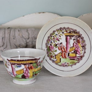 Antique Hand Painted Porcelain Soft Paste Pottery Cup & Saucer Asian Scene