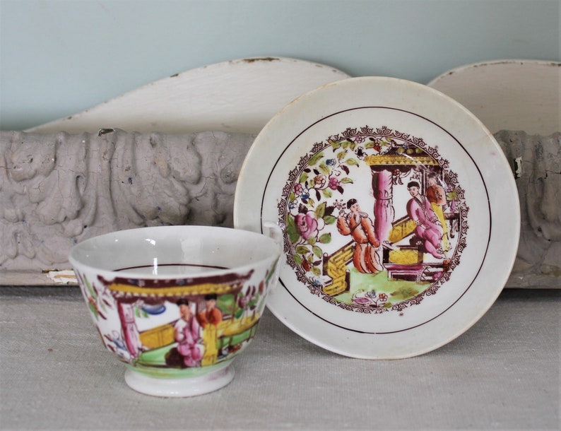 Antique Hand Painted Porcelain Soft Paste Pottery Cup /& Saucer Asian Scene