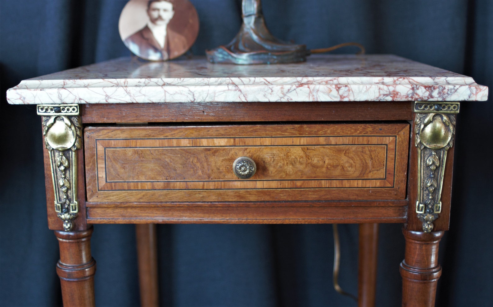 Antique French Night Stand End Table With Veneer Inlay Bronze Etsy