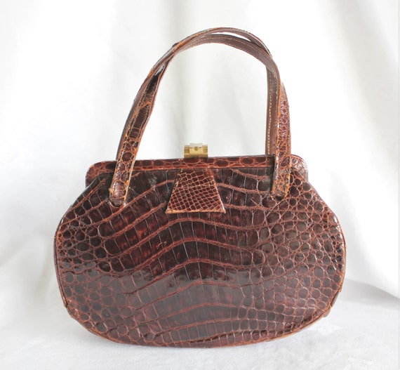 Vintage Brown Alligator Leather Handbag Purse - image 1