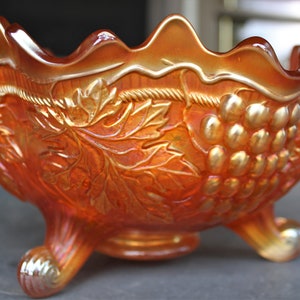 Antique Marigold Carnival Persian Medallion Grape & Cable Fenton Footed Fruit Center Bowl 10 image 9