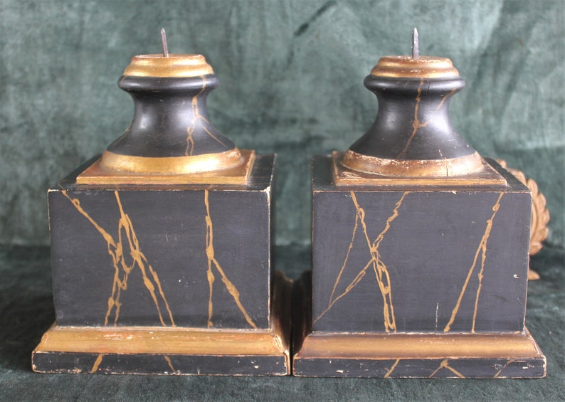 Pair Antique Marbleized Wood Pedestals Prickets Display Bases image 5