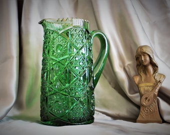 Rare Green Fostoria Brazilian EAPG Pattern Glass Large Antique Water Pitcher 600