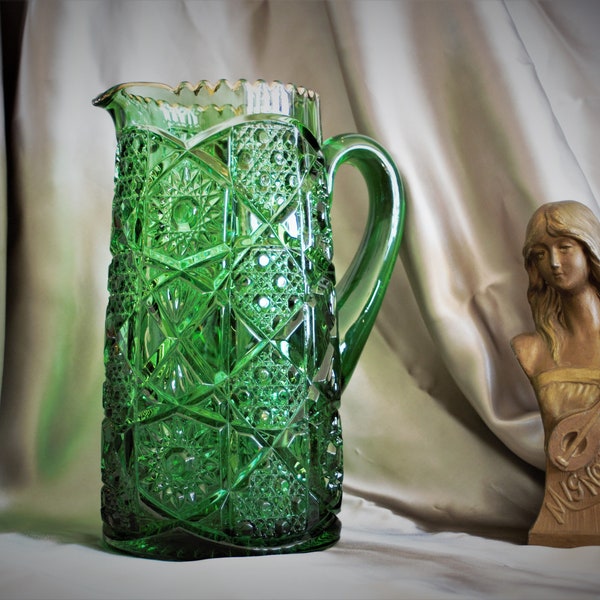 Rare Green Fostoria Brazilian EAPG Pattern Glass Large Antique Water Pitcher 600