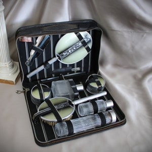Vintage Art Deco Leather Travel Vanity Grooming Set