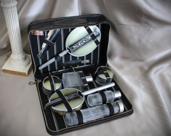 Vintage Art Deco Leather Travel Vanity Grooming Set