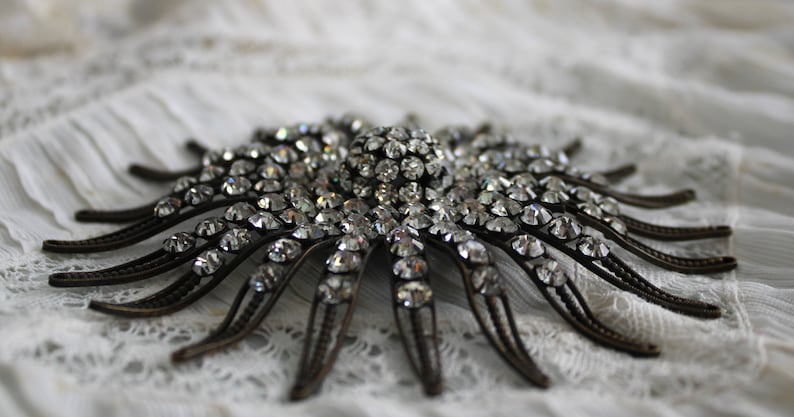 Antique Edwardian Paste Rhinestone on Metal Brooch Applique for Dress, Sash, or Hat Large 4 3/4 image 7