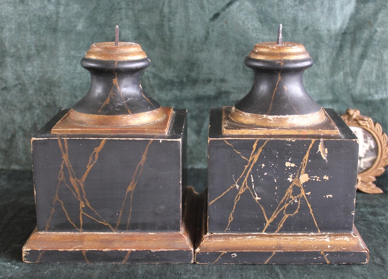 Pair Antique Marbleized Wood Pedestals Prickets Display Bases image 7