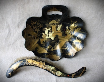 Antique Asian Ebonized Lacquer Paper Papier Mache Shell Butlers' Tray and Brush Crumber