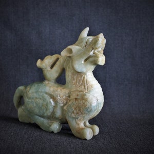 Antique Chinese Carved Celadon Green Jade Dragon Figure Sculpture