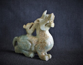 Antique Chinese Carved Celadon Green Jade Dragon Figure Sculpture