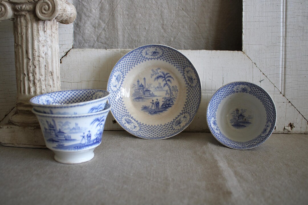 Transferware 3 Antique English Staffordshire Blue Transferware Paneled Cups No ...